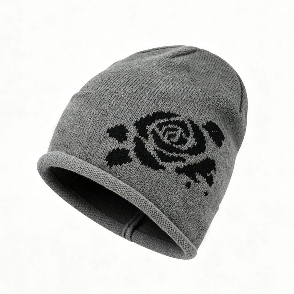 Ear Protection Warm Knitted Hat Soft Knit Rose Jacquard Beanie Winter Hat Daily Wear