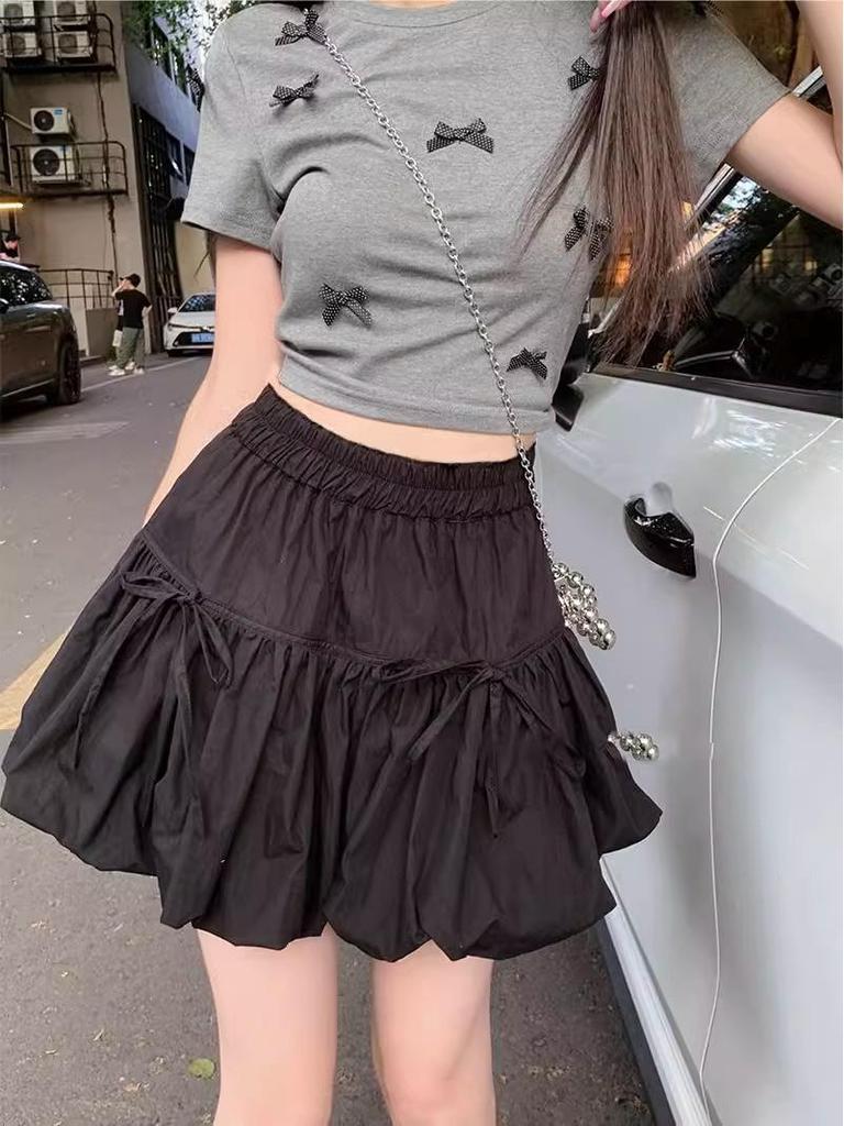 Women's Gray High-Waist Pleated Bow Skirt: Summer Slimming, Ant-Exposure Lantern Style