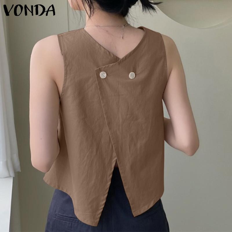 VONDA Women's Summer Round Neck Sleeveless Button Patch Solid Color Loose Vest