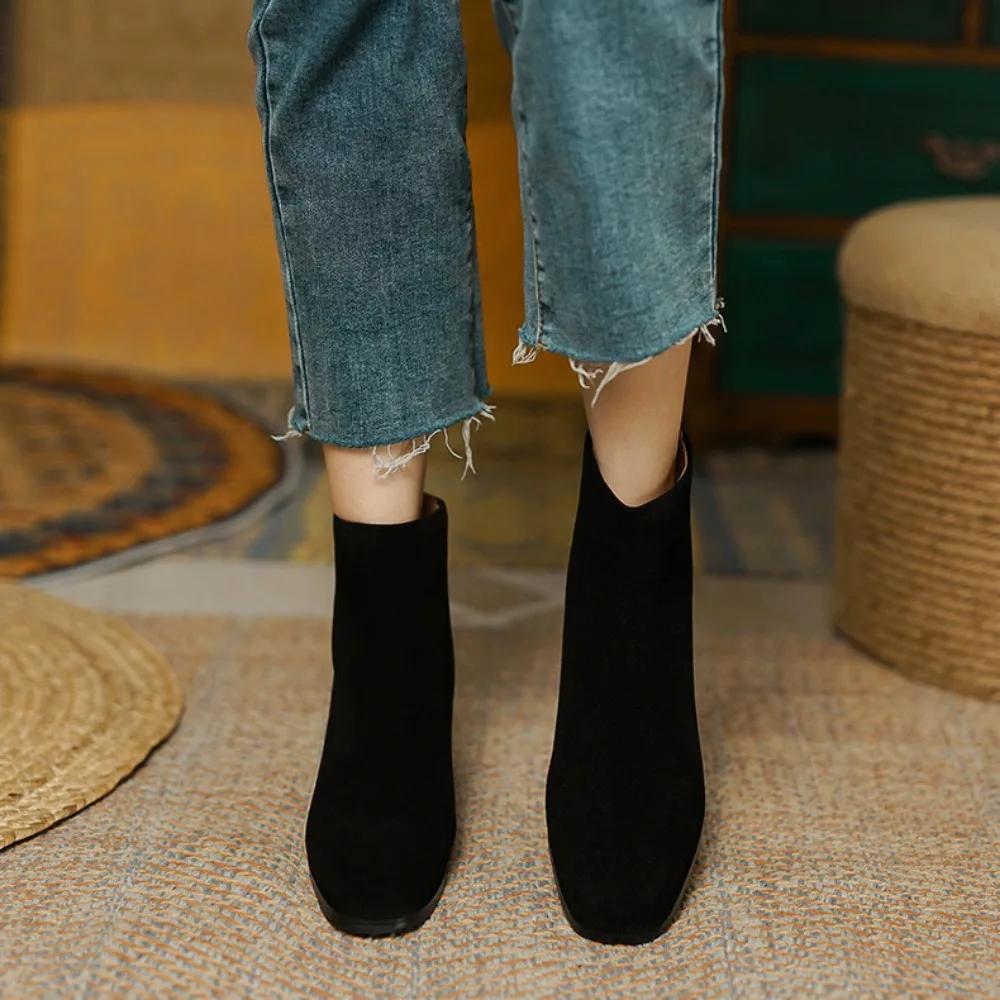 Ankelstøvletter Dame Vår Høst Enkel Spleising Brun Tykk Hæl Damestøvletter Middels Hæl Glidelås Bak Korte Støvletter Zapatos Mujer