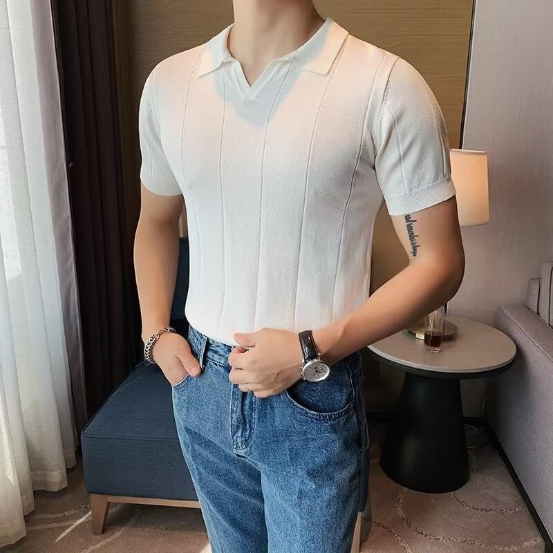 Men's Summer 2024 Slim V-Neck Knitted Polo T-Shirt - Short-Sleeved Business Casual Top