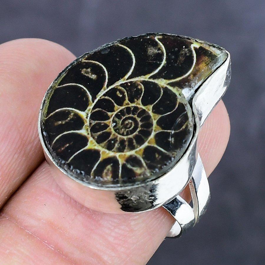 Natural Ammonite Fossil Gemstone 925 Sterling Silver Jewelry Ring Size 8 ETC-14108