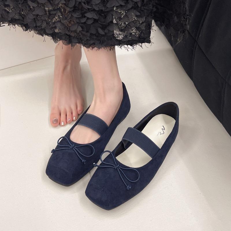 New Literary Bow Square Head Shallow Mouth Mary Jane Single Shoes Women's Flat Suede Commuter Grandma Shoes