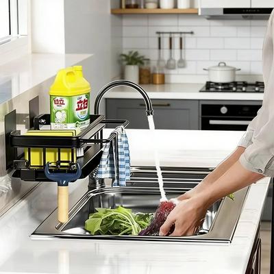 Space Aluminum Wall Mounted Dishcloth Holder, No Drilling Kitchen Sink Organizer with Drainage Rack for Sponges