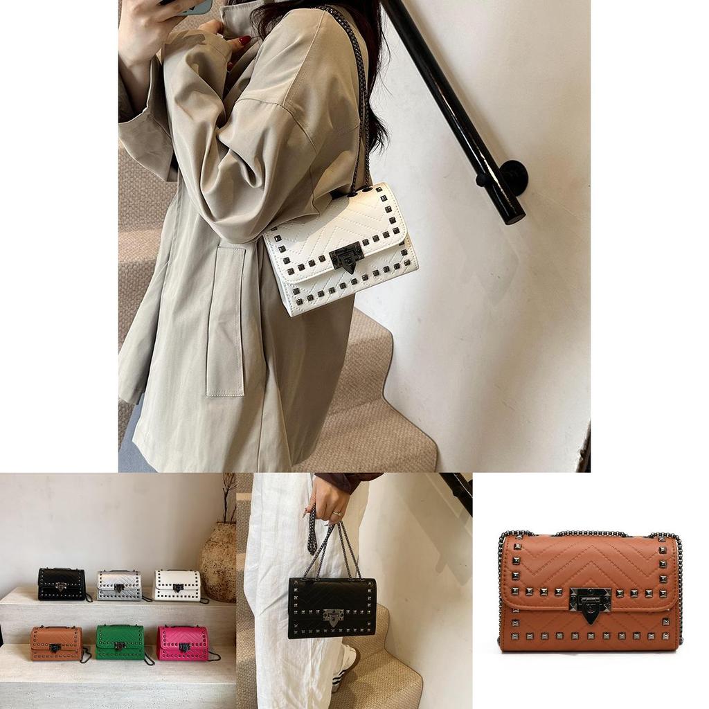 Elegant Urban Minimalist Pu Leather Small Square Bag With Studs And Chain For Fashionable Women