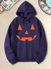 Retro Jack‑o'‑lantern Simple Pumpkin Face Front Print Hooded Sweatshirt Women's Loose Fleece Pullover Halloween Party Casual