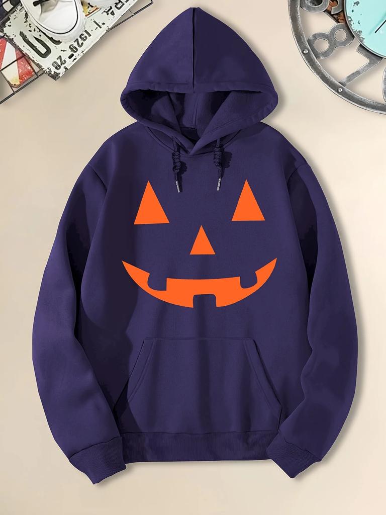 Retro Jack‑o'‑lantern Simple Pumpkin Face Front Print Hooded Sweatshirt Women's Loose Fleece Pullover Halloween Party Casual