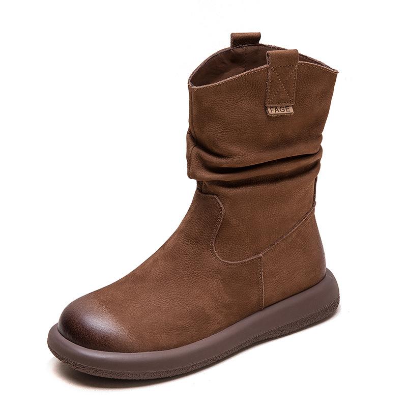 Fashion GKTINOO 2024 Autumn Winter New Retro Handmade Flat Mid-calf Boots Genuine Leather Round Toe Knight Boots Soft Women's Shoes