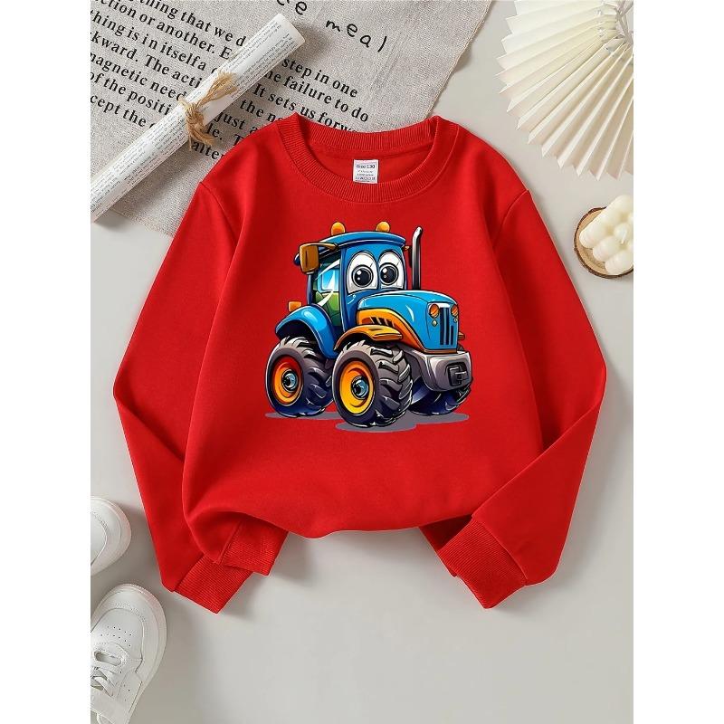 Girls' Tractor Print Round Neck Sweatshirt - Soft Casual Long Sleeve Pullover with Tractor Cartoon, Cozy ' Top Suitable for Spring/Autumn