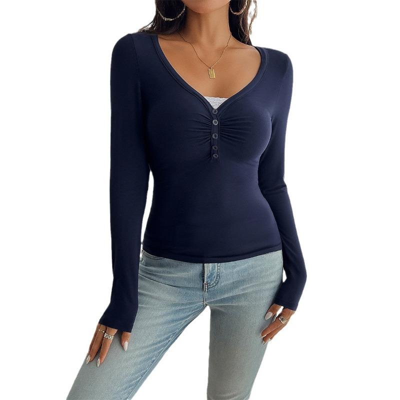 Spring Autumn Slim Fit V-neck Knitted T-shirt Women Buttons Long Sleeved Shirt Solid Color Simple Office Tops Elegant Fashion Casual Women's Clothing