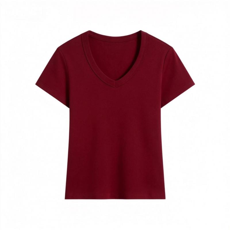 Summer Solid Color V-Neck Slim-Fit T-Shirt for Women, New Slim-Fit Round-Neck Short-Sleeve Top