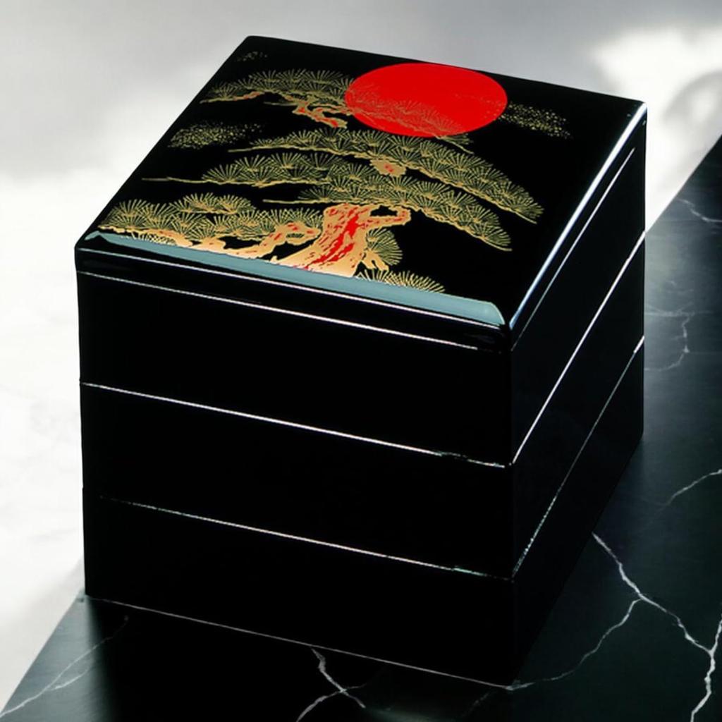 J-kitchens Lackvaror 3-vånings Jubako-låda, 6,5 tum, Houtoku Hinode Matsu (Soluppgångstall) Design, 19cm, Harts, Tillverkad i Japan