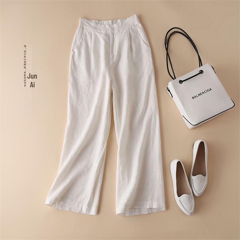 Women's Spring 2025 Wide-Leg Linen Blend Pants - Loose, Lightweight, Solid Color, Nine-Point Straight Leg.