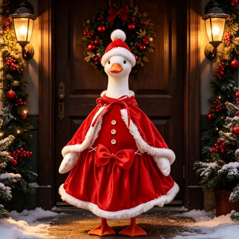 23Inch Geese Santa Costume for Decorative Geese Figure, with Hat, Buttoned Dress and Decorative Bows for Christmas Porch and Front Yard Display