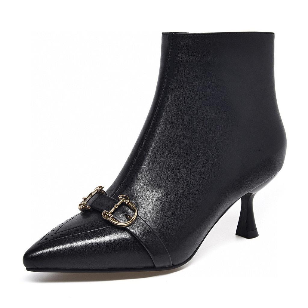 Fashion pointed small bare boots autumn and winter new stiletto fashion boots first layer cowhide side zipper short boots