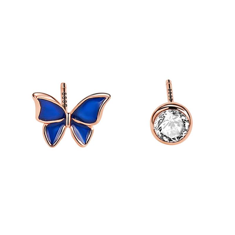 Yongcheng Blue Butterfly Small Fresh Earrings Asymmetrical Design, Feeling, Ear Piercing, Super Fairy Earrings for Best Friend