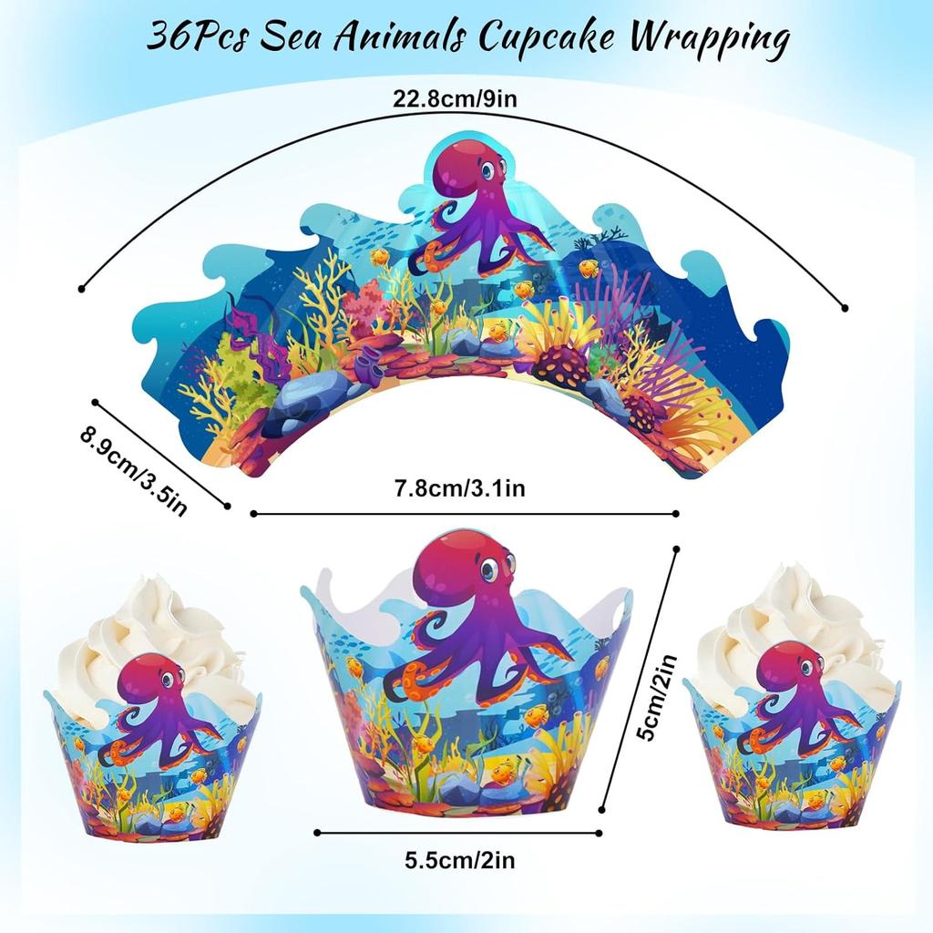 Whaline 36Pcs Sea Animals Cupcake Wrappers Colorful Ocean Animals Cupcake Liners Under the Sea Cupcake Holders for Summer Ocean Birthday Party
