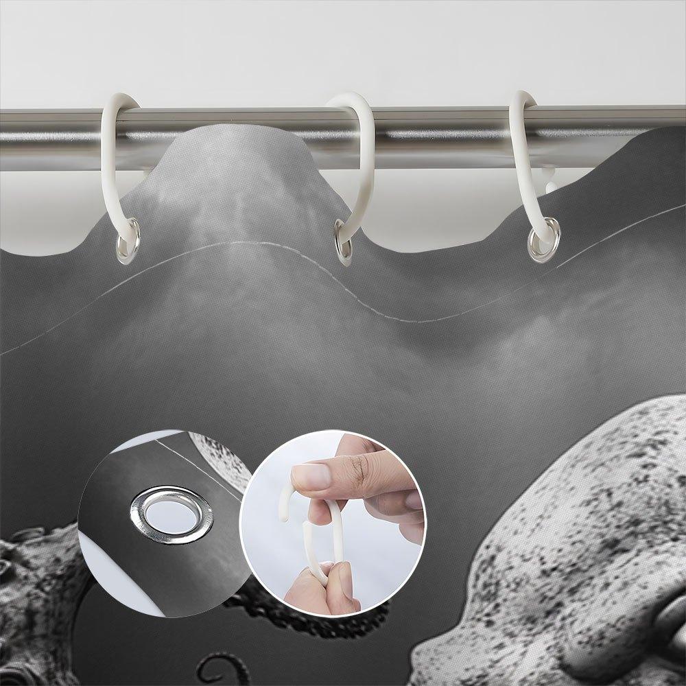 Black And White Art Storm Sea Terrible Octopus Shower Curtain Fantasy Bathroom Decoration, With 12 Hooks, Shower Curtain