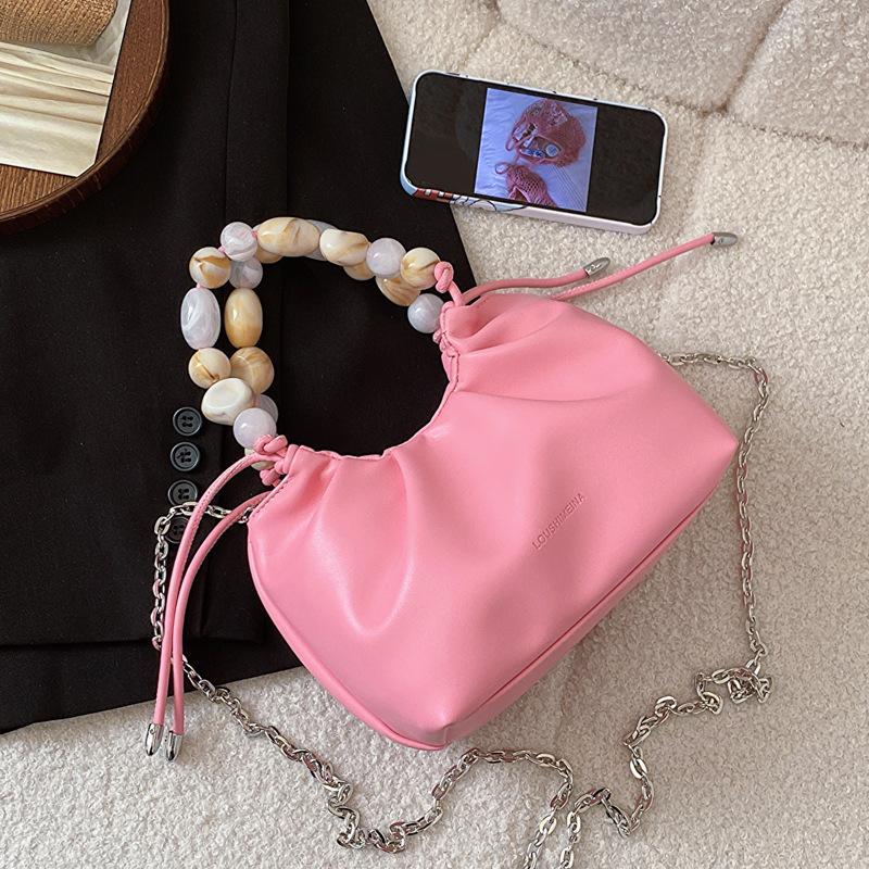 Korean Solid Color Girl Handbag Fashion Beaded Girl Crossbody Bag Simple Women's One-Shoulder Dumpling Bag PU