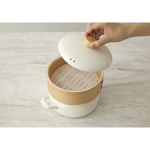 Fuji Enamel Pot with Steamer, 18cm, Greige, SER-18W.GG