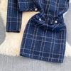 Tvådelade Set Damkläder Klänningsdräkt Nedvikt Krage Långärmad Croppjackor Tunika Tweed Rutiga Klänningar Set