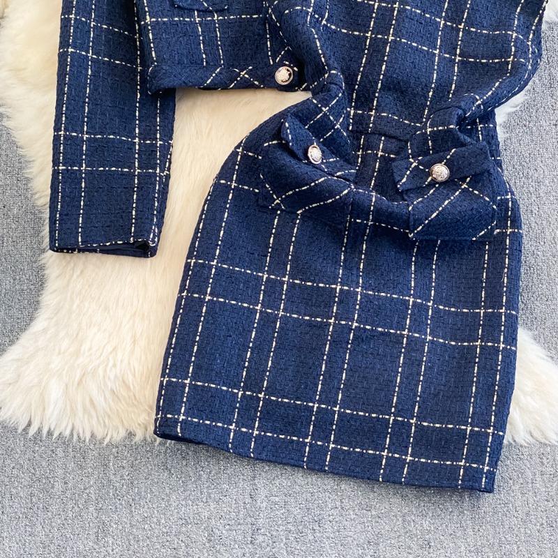 Tvådelade Set Damkläder Klänningsdräkt Nedvikt Krage Långärmad Croppjackor Tunika Tweed Rutiga Klänningar Set