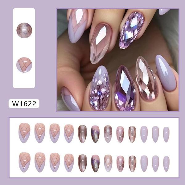 24pcs Almond False Nails French Crystal Fake Nails Full Cover Press On Nails Detachable Nail Tips Nail Art