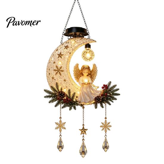 Weather Resistant Resin Ornament Solar Angel Moon Light, Christmas Hanging Lantern with Warm Glow, Garden Patio Yard Decoration Outdoor for