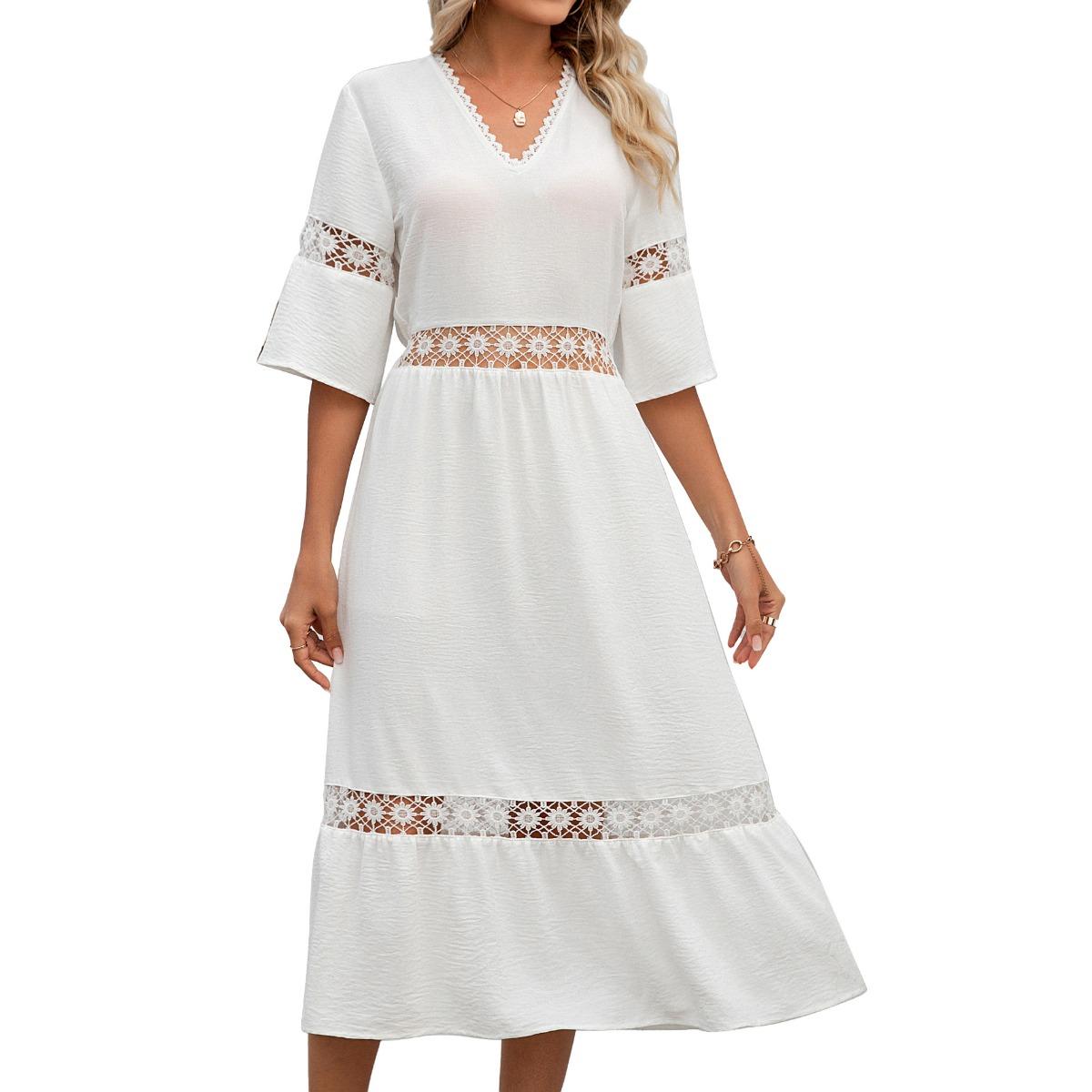 

Spring Summer New Women s Solid Color V-neck Loose Short Sleeve Cutout Casual Dress For Cross-border Trade S белый