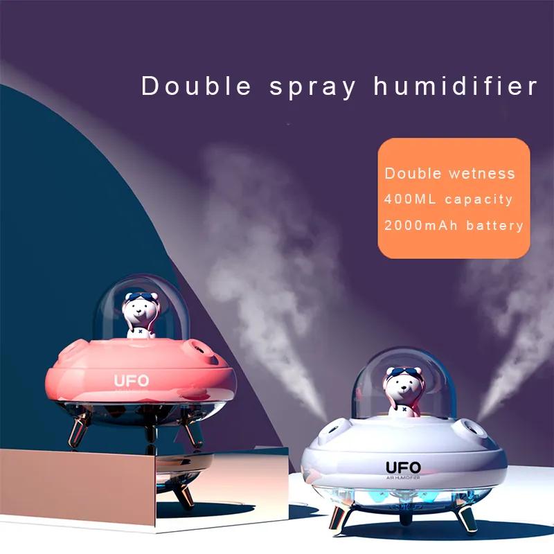 400ML Cute Design UFO Humidifier Double Spray Humidification Quiet Rechargeable USB Humidifier With Colorful Night Light