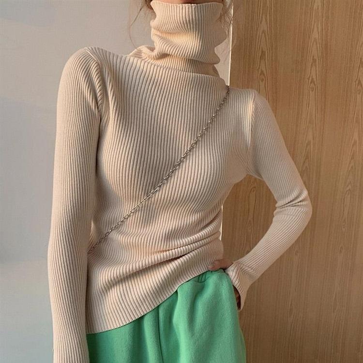 Knitted Sweater Women Korean Version Turtleneck Sweater Autumn Solid Color Pullover Slimming Interior Lapping Warm Basic Tops