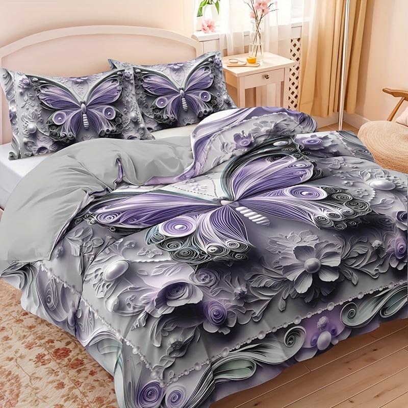 3Pcs Baroque Style Embossed Butterfly Floral Duvet Cover Set, HD Print All Season Bedding with Pillowcases for Home Dorm Decor