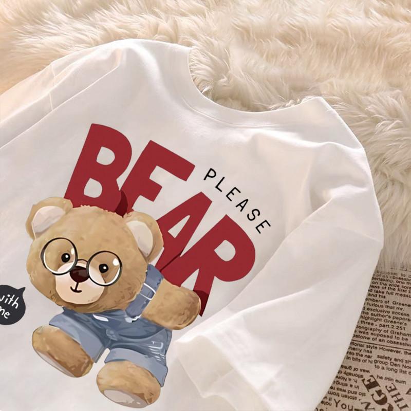 

Summer Japanese Cartoon Fashion Retro Trend Fun Cute Overalls Bear Print Fashion Couple Loose Casual Tshirt Top S