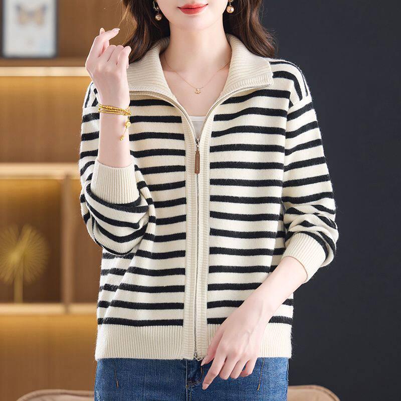 Korean Style Striped Knit Wool Cardigan - Autumn/Winter Zipper Sweater for Women