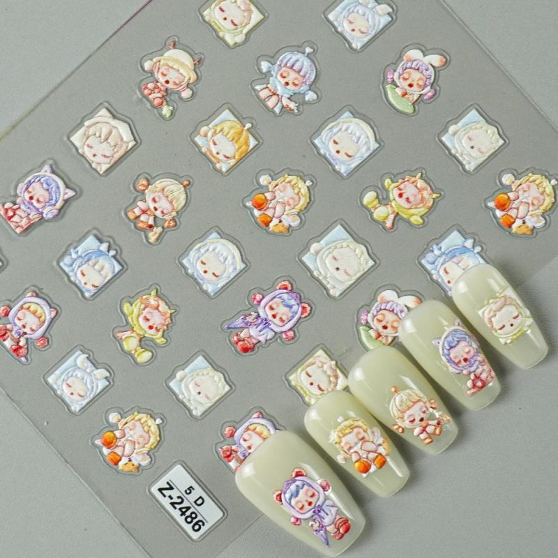 Søte Tegneserie 5D Labubu Negleklistremerker Kunstdekorasjon Kawaii Selvklebende Negledekor Dekaler Kunstklistremerker Neglemanikyr Tilbehør