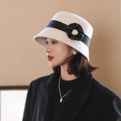 Wool Felt Hat Women's Autumn and Winter British Retro Fashion Versatile Flower Warm Top Hat