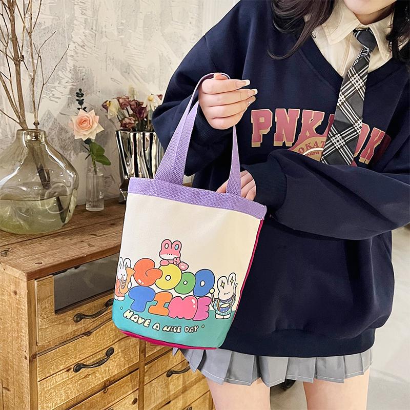 Lovely Cartoon Printed Bucket Bag Portable Canvas Tote Bag Students Lunch Cylinder Handbag