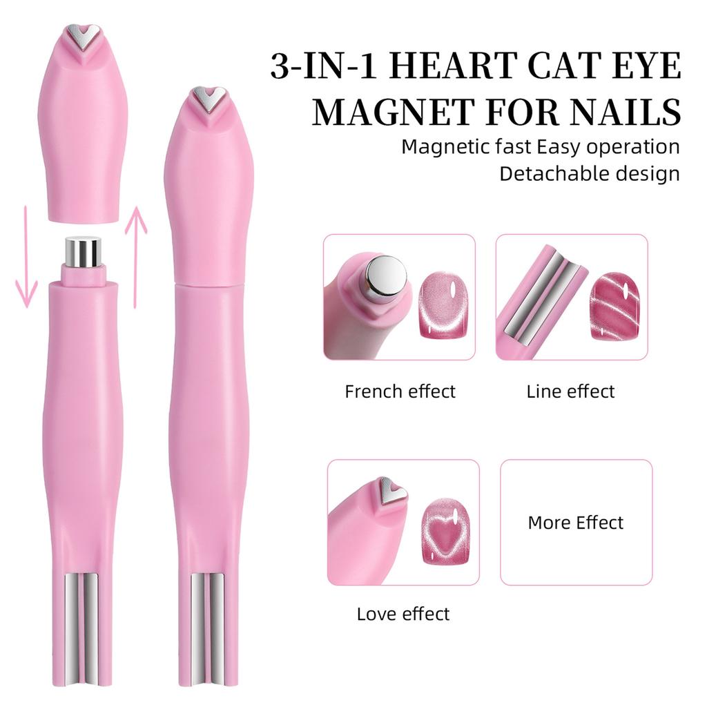 3-In-1 Heart Shape Cat Eye Nail Art Magnet Double Line Moon Snake French Magnet Pen for Magnetic Gel Polish Manicure Tools