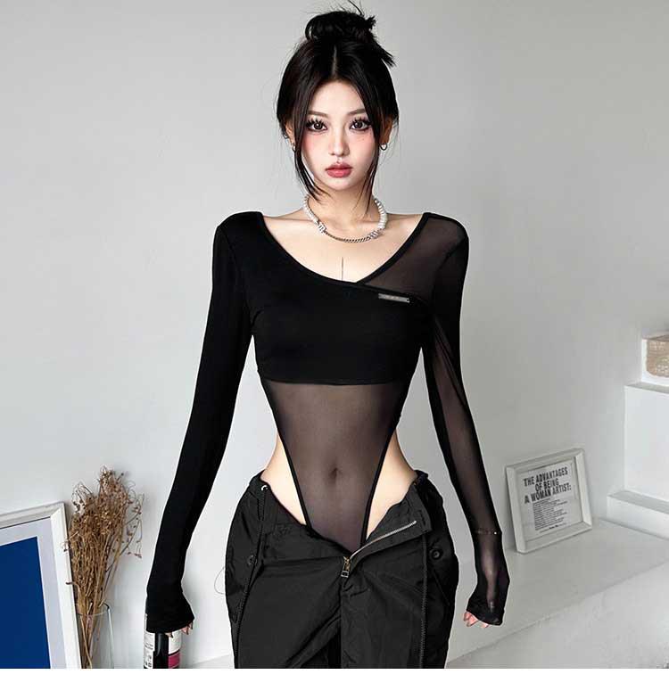 European & American Sexy Black Mesh See-Through Patchwork Long Sleeve Slimming T-Shirt Bodysuit for Women M чёрный