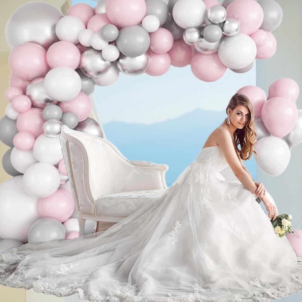 97PCS pink, white, silver, gray latex balloon set suitable for birthday parties, weddings, Valentine's Day parties, decoration
