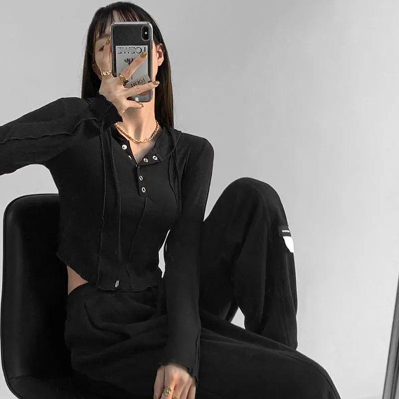 Slim Hoodie Grey Short Top High Waist Navel Exposed American Hottie Pure Desire Pressed Pleated Long Sleeve Thin T-shirt