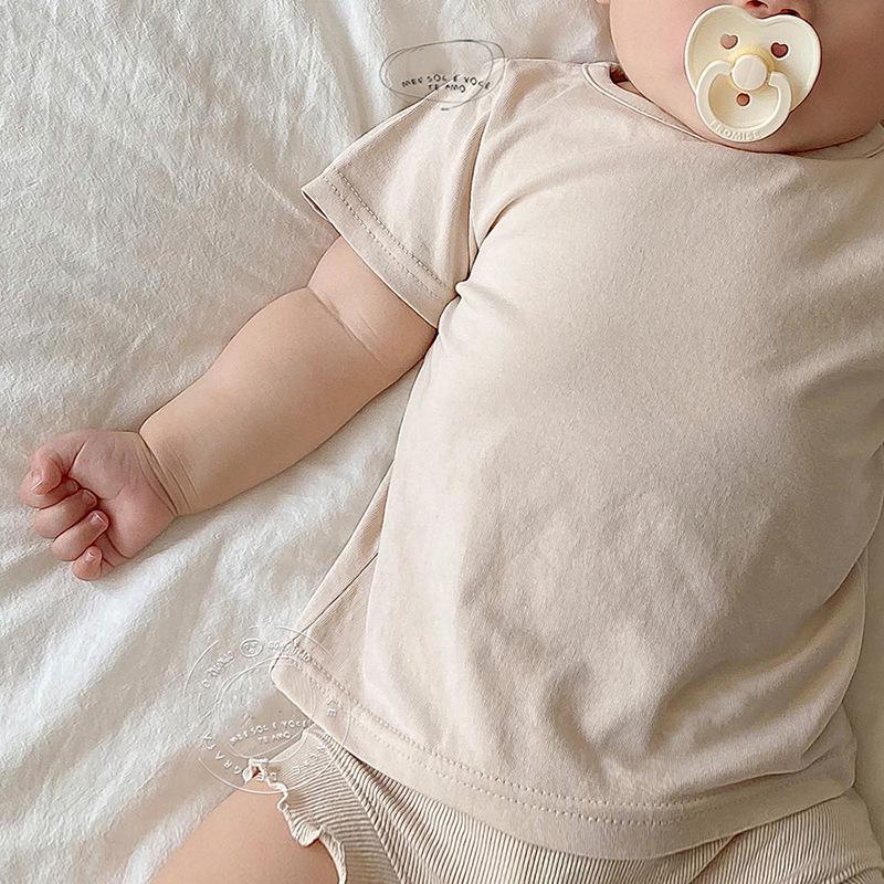 

Летняя тонкая футболка для девочек и мальчиков, новая круглая горловина, хлопок, короткий рукав, Корея, повседневная однотонная верхняя одежда для младенцев 0-24 мес. 18-24M(90) бежевый