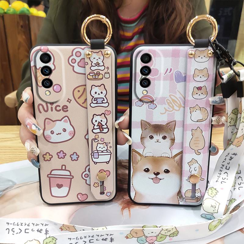Protective Lanyard Phone Case For Wiko T50 Shockproof Soft Case Kickstand Wrist Strap Fashion Design Cute Anti-knock