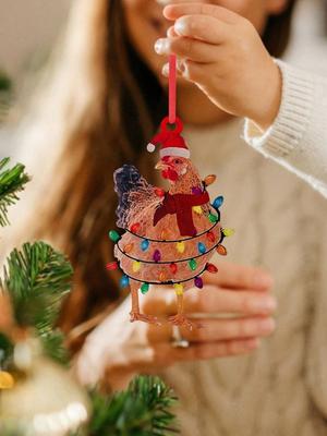 Cute Christmas Chicken Hanging Decoration Acrylic Rooster Ornament with Santa Hat & Scarf Pendant for Xmas Tree, Home&Party Gift