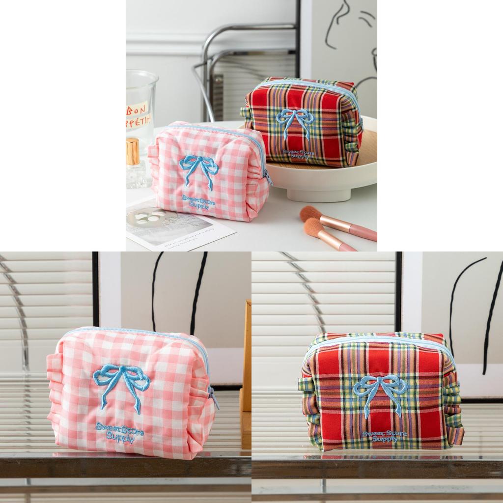 Polyester Cute Plaid Makeup Bag With Bow For Travel And Dorm Use