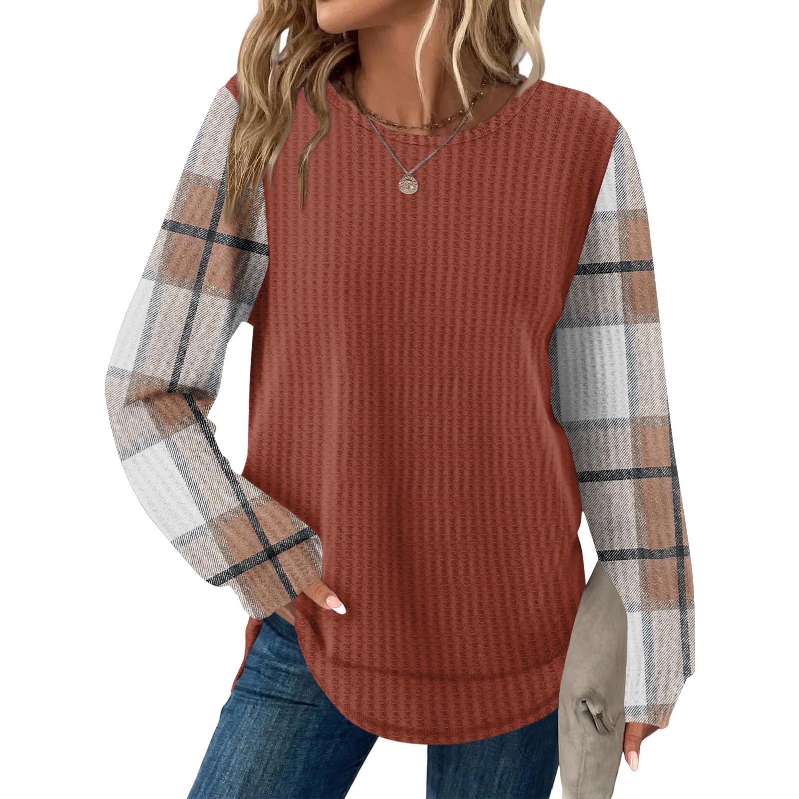 

Женский повседневный топ свободного кроя с круглым вырезом и длинными рукавами в клетку S