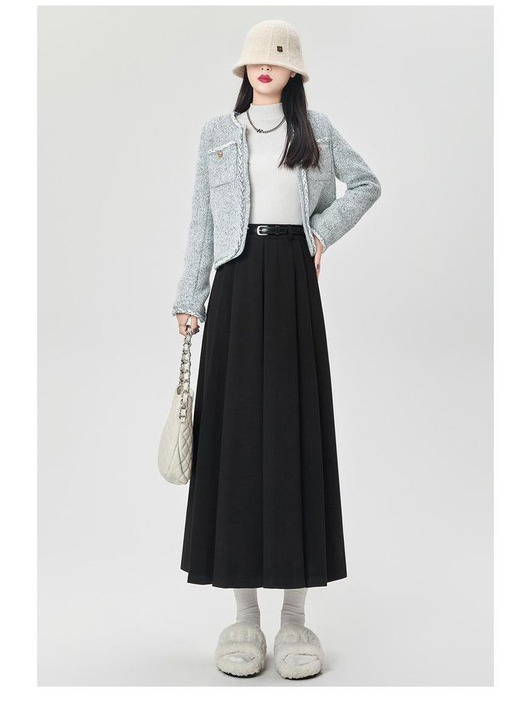 High-Waisted Coffee Wool Skirt for Women, Autumn-Winter Style, Pleated A-Line, Petite Fit, Mid-Length, Perfect Drape