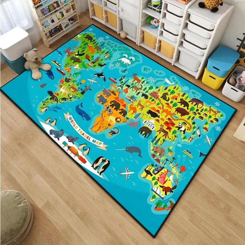 Kinder Weltkarte Cartoon Teppich – Verspielte Bodenmatte für Schlafzimmer, Wohnzimmer & Badezimmer | Strapazierfähiger Bereichsteppich für Kinderbereiche