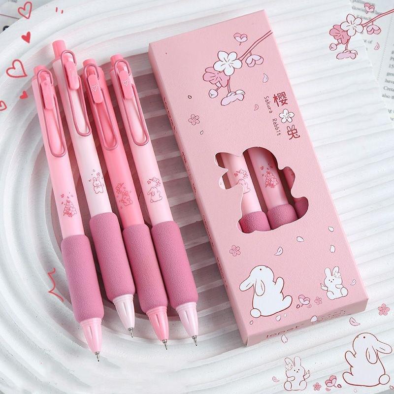 4Pcs/set Cute Black Gel Pen Adorable Ins Korean Floral 0.5mm Gel Pen Kawaiii Pen for Journal Notepad Test Paper School Supplies