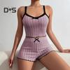 2 Pcs/Set Women Summer Pajamas Suit Shirring Edge Sleeveless Backless Crop Top Lace Bow Decor High Waist Mini Shorts Daily Nightie Slim Fit Sleepwear